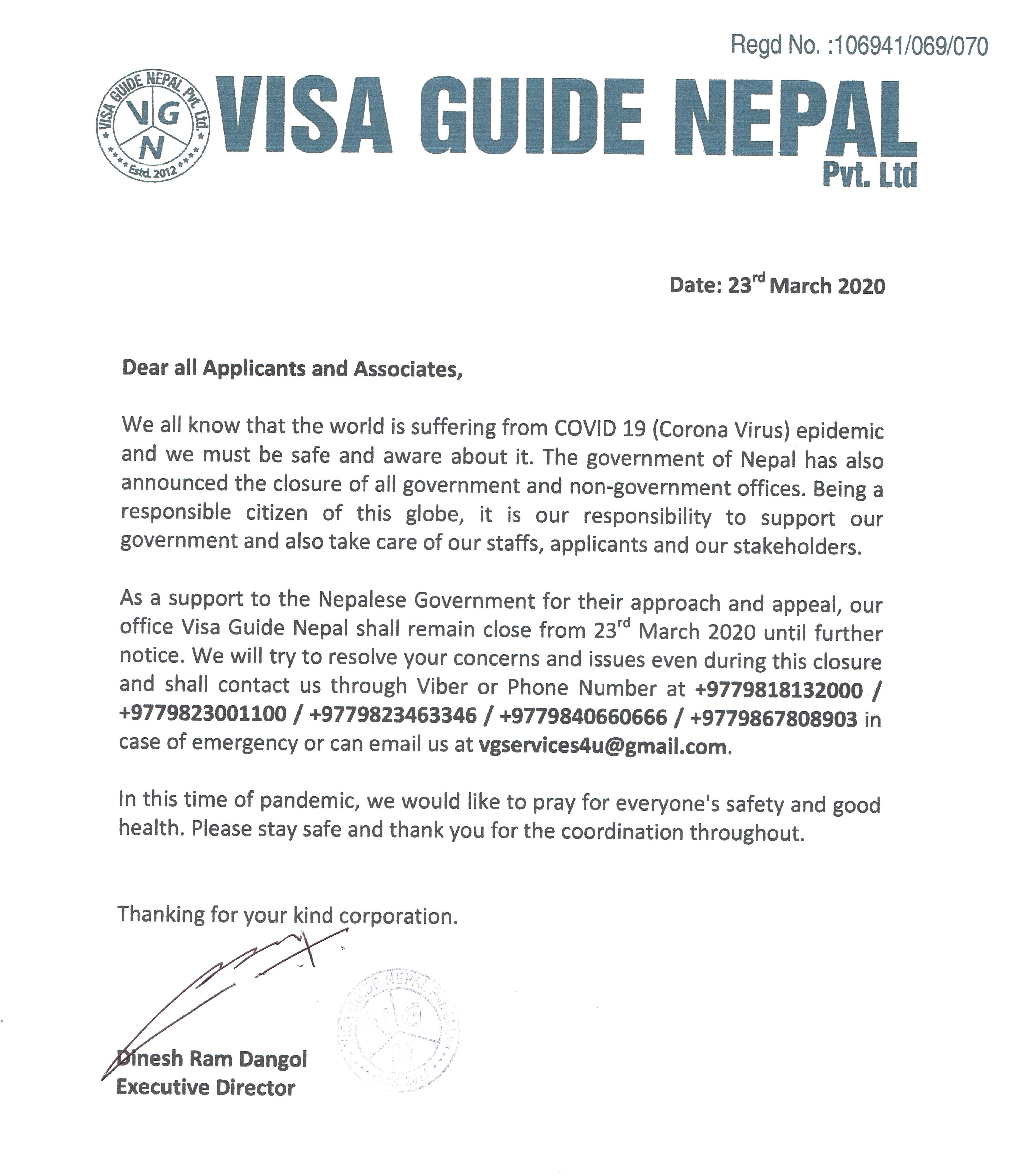 Temporary Close down of Visa Guide Nepal due to Covid 19 until further Notice 